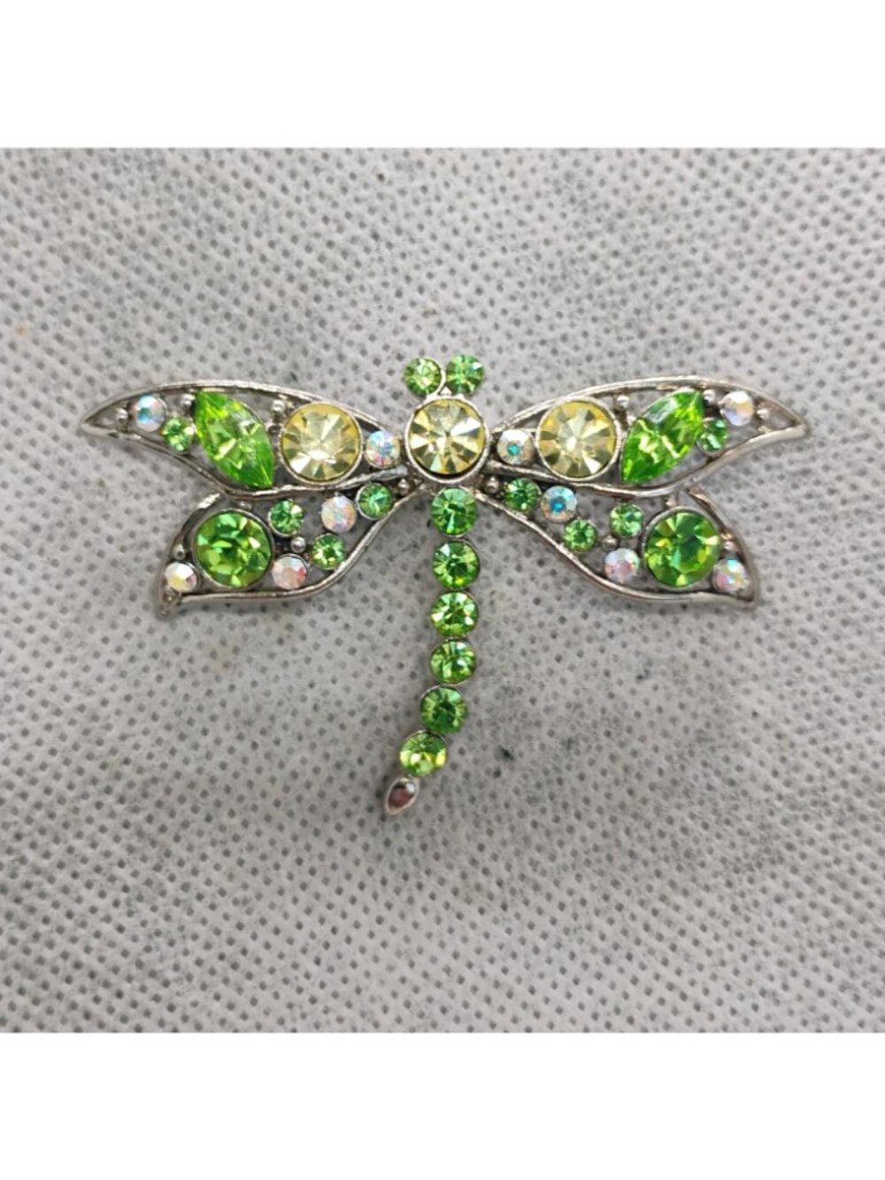 Green Yellow Crystal Rhinestone Dragonfly Brooch Pin 2 1/2" Wingspan - Picture 2 of 5